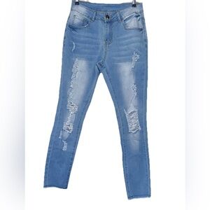 Jeans Women’s Blue Denim Skinny Fit Light Wash Distressed Raw Hem Size Small